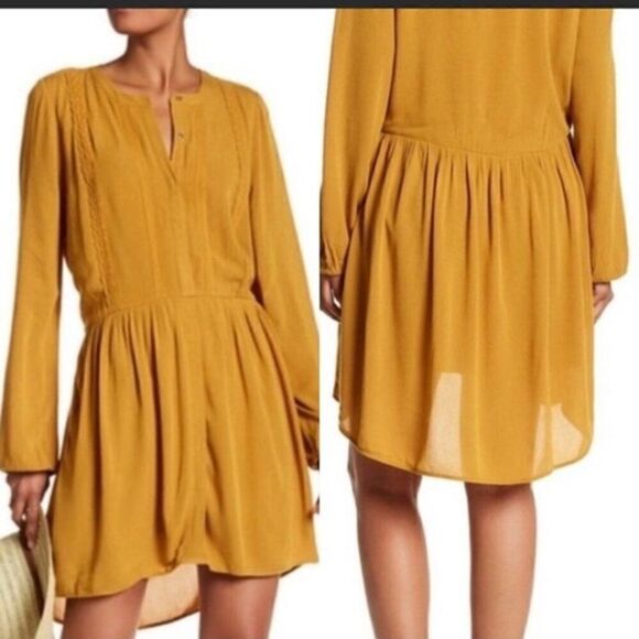 Nordstrom Oversized Boho Fall Mustard Long Sleeve Dress DR2 - Picture 14 of 16